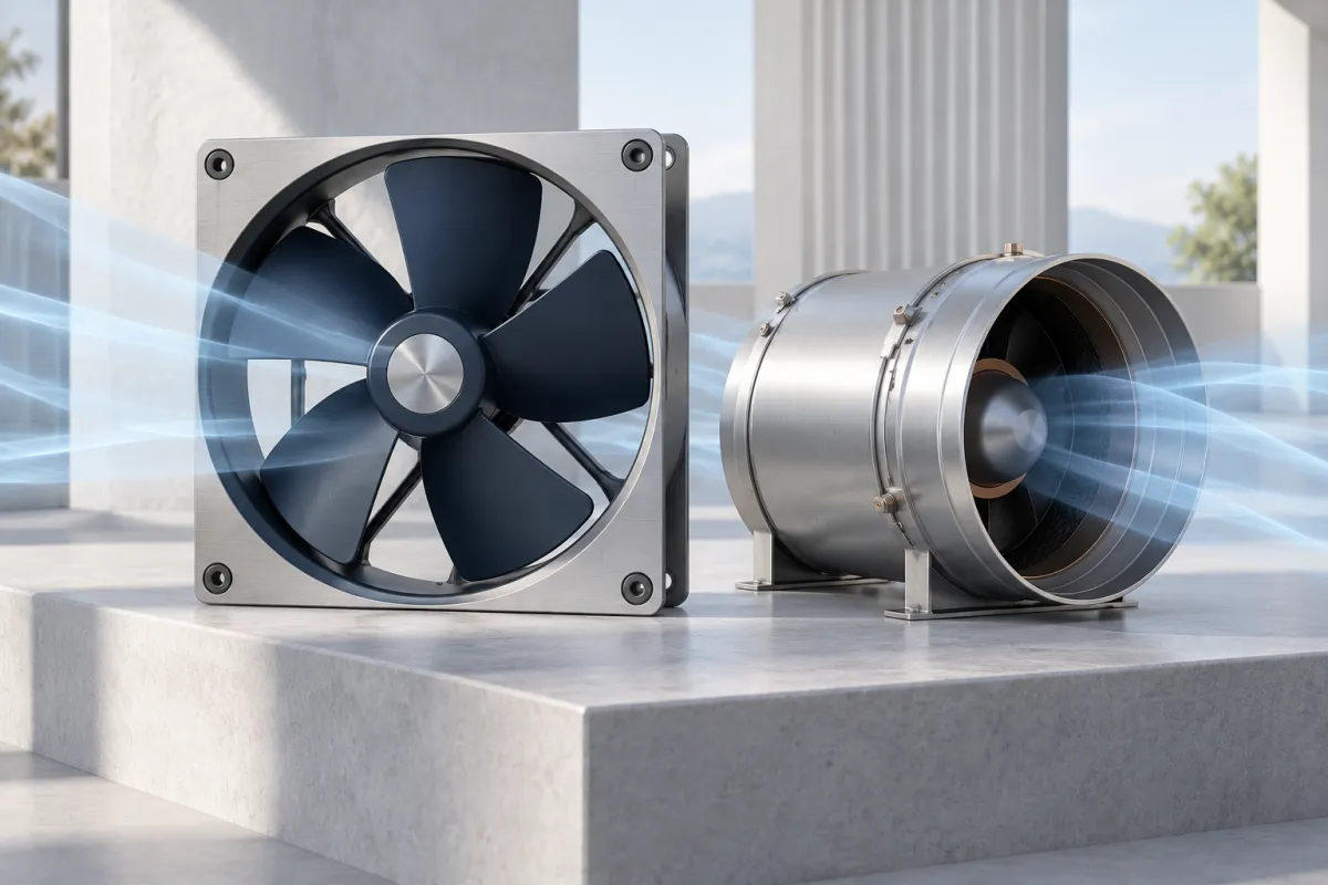 Concept visualization of axial and inline fans with airflow ribbons