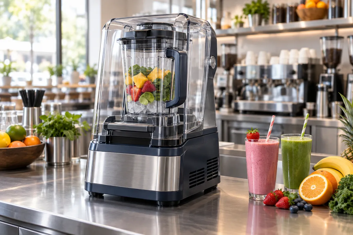 Concept illustration of commercial juice & smoothie blenders in a professional beverage preparation area