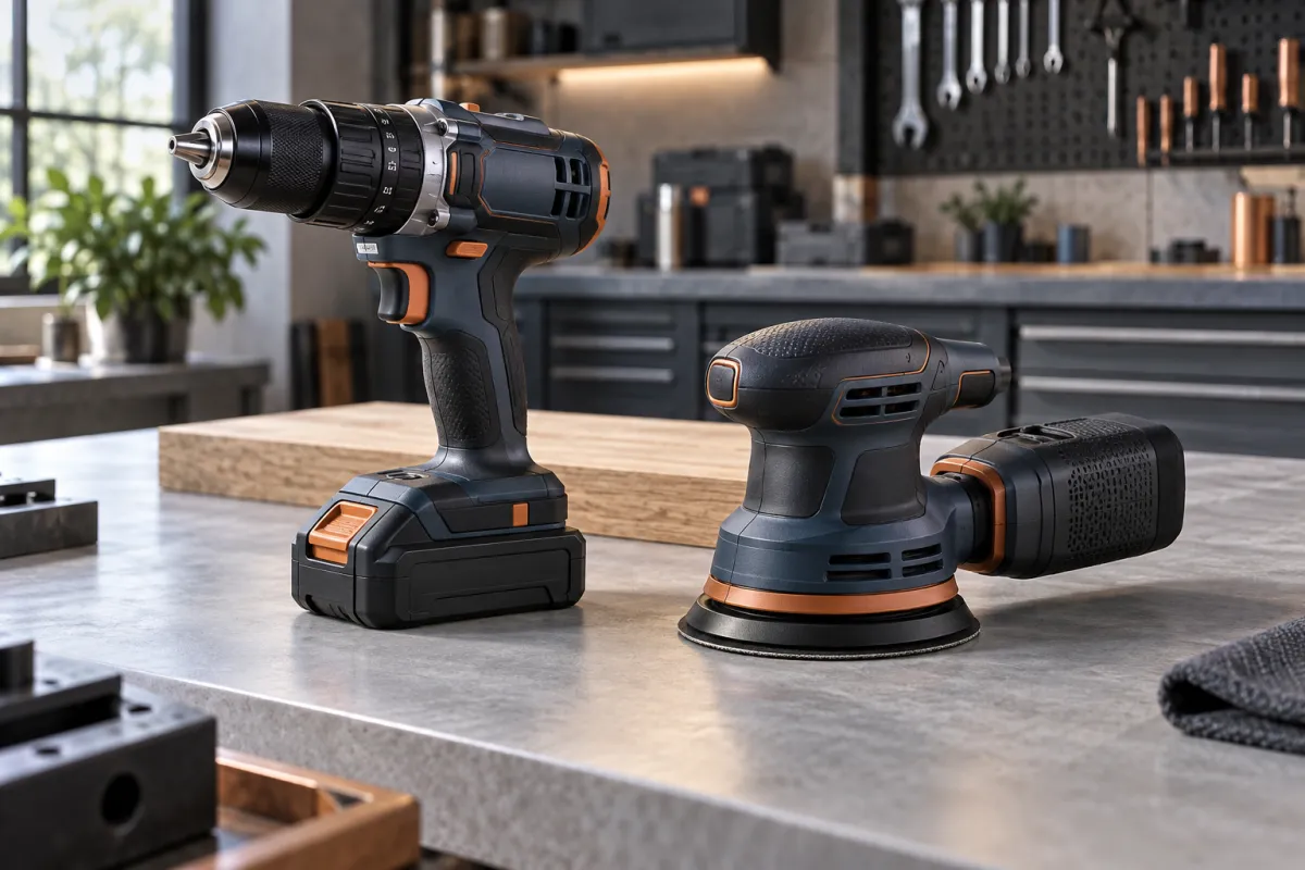 Concept visualization of a drill and sander in a workshop