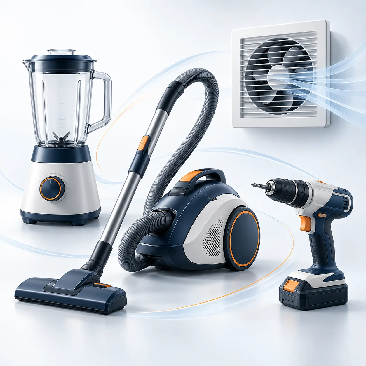 Concept illustration of blender, vacuum cleaner, power tool and ventilation applications for OEM motor solutions